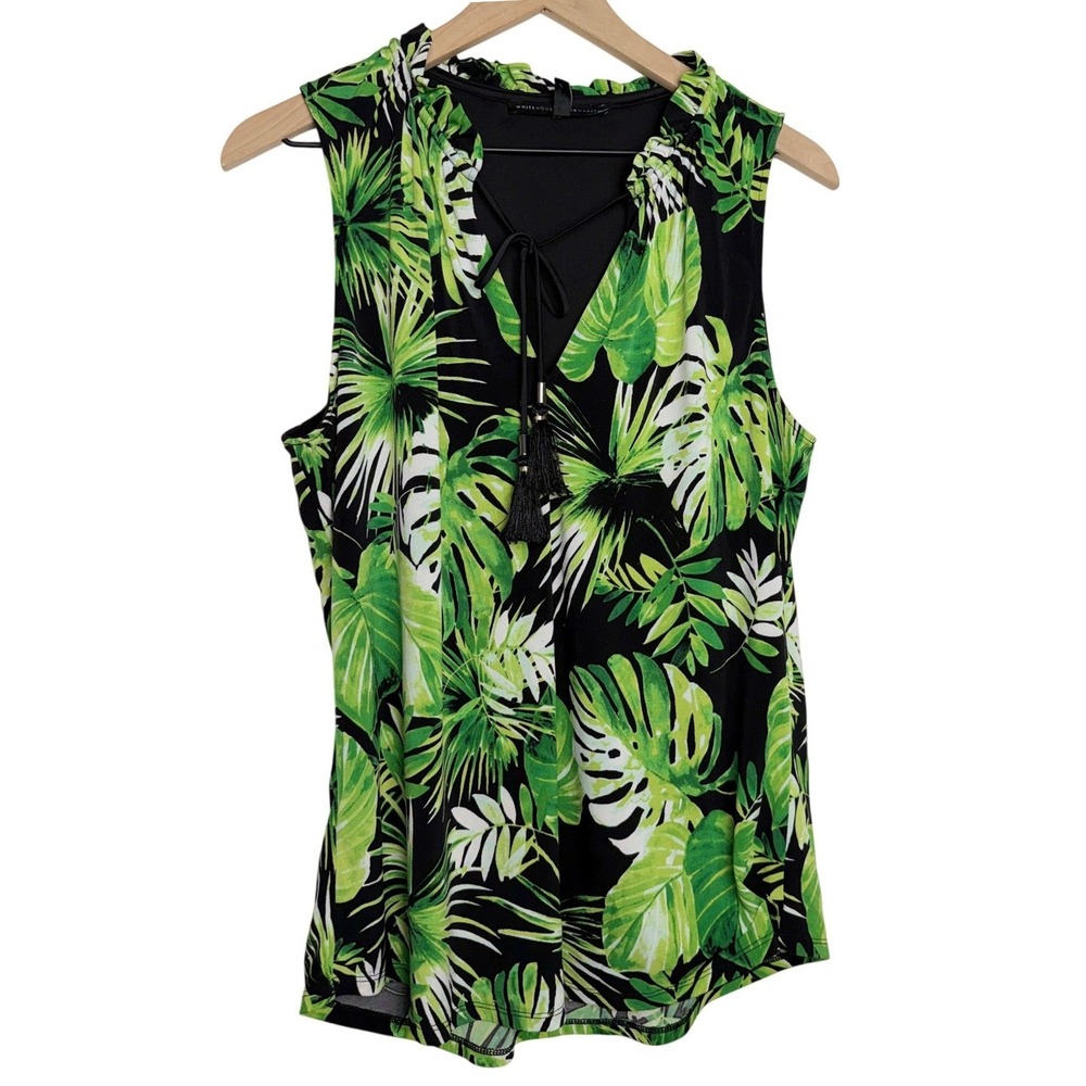 White House Black Market Tropical Palm Leaf Tassel Tie Sleeveless Blouse L Green - Picture 2 of 8